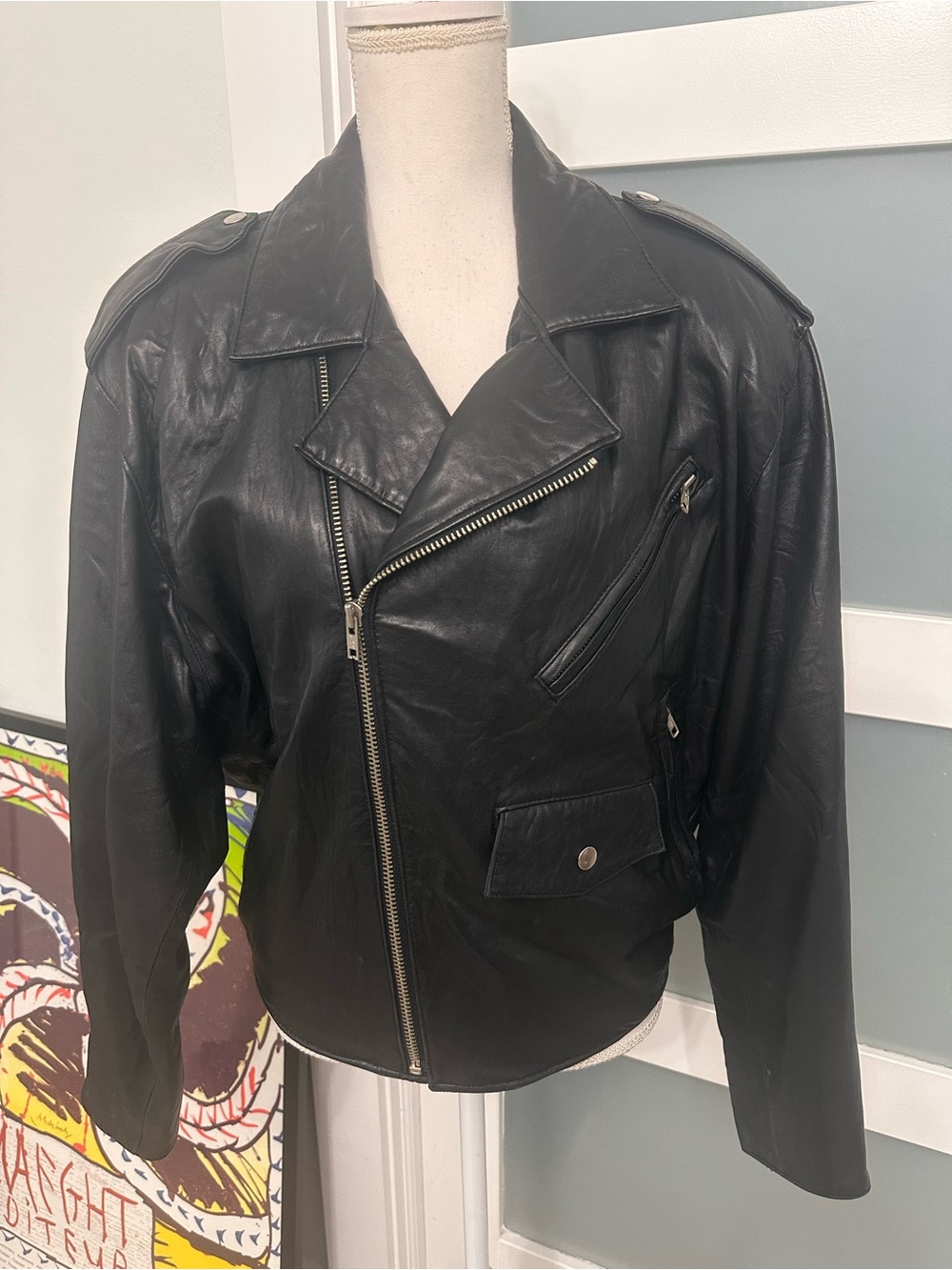 Vtg Tannery West 90’s Blk Leather Asymmetric Zip Moto JKT Small Thermolite Biker - Picture 4 of 12